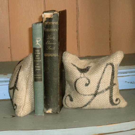 Bird Monogram - Petit Burlap Feed Sack Pillow Pair - Unique paper weight, bookends, pin cushion, etc