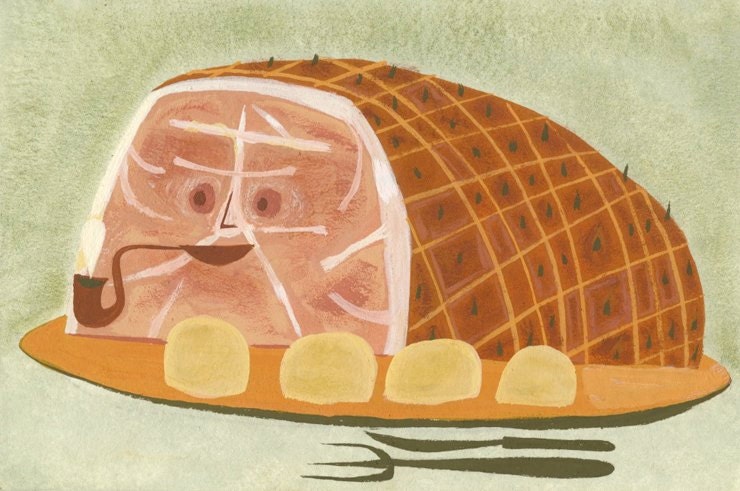 Glazed ham. Original gouache painting by Matte Stephens.