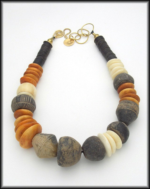 ANCIENT SPINDLES - Ancient African Spindle Whorls - Handcarved African Beads Showstopper Necklace