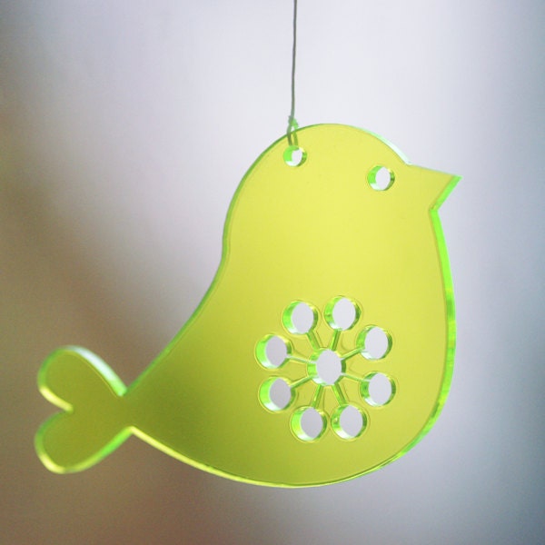 2 Birds - in neon green transparent lasercut plexiglas / perspex plastic