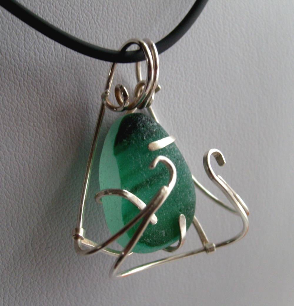 FANTASIA Striped Teal Sterling Silver Sea Glass Pendant by Lake Erie Beach Glass LEbg