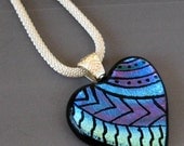 Dichroic Fused Glass Hand Etched  Pendant, Valentine Necklace, Fused Glass Heart Pendant  - My Heart is Blue