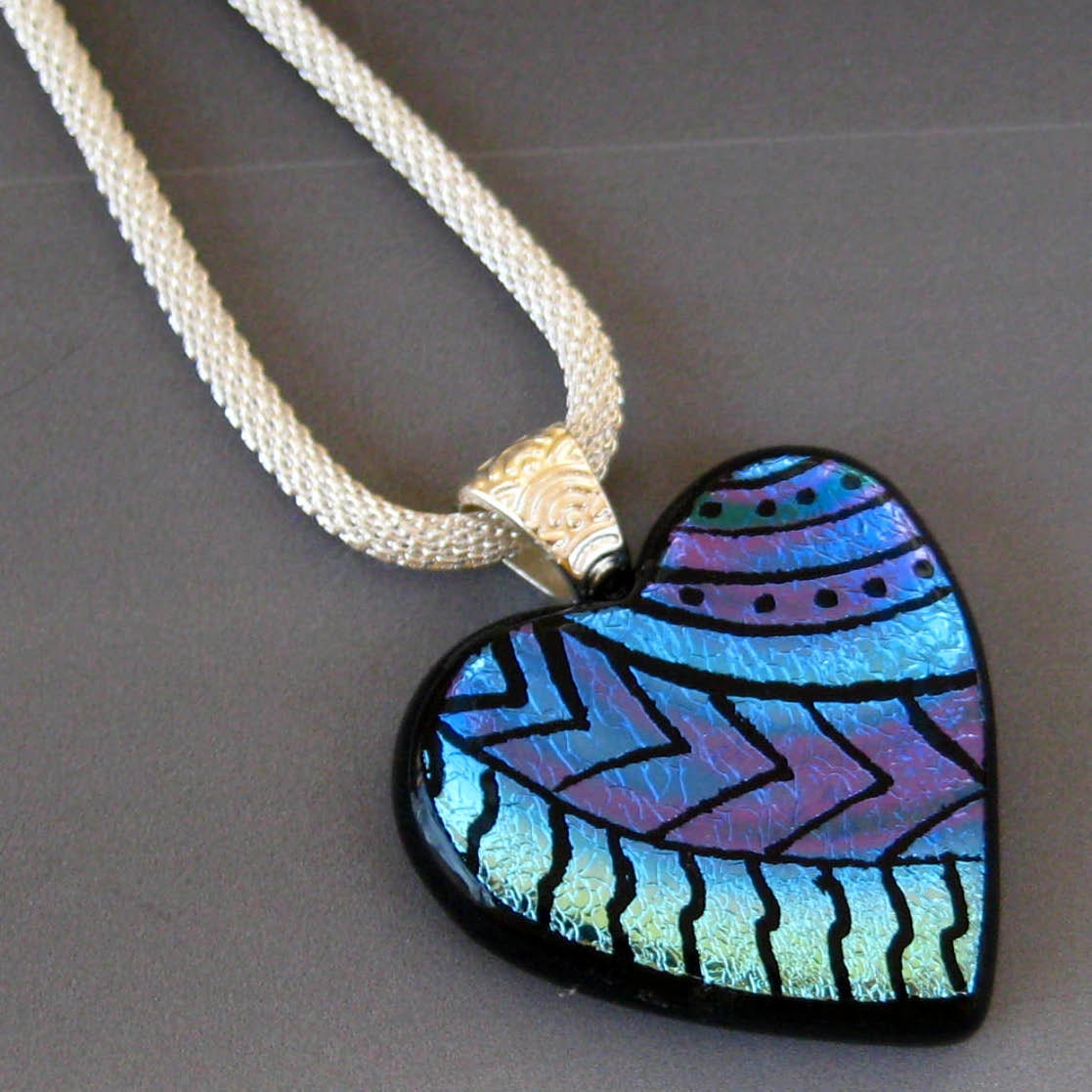 Dichroic Fused Glass Hand Etched  Pendant, Valentine Necklace, Fused Glass Heart Pendant  - My Heart is Blue