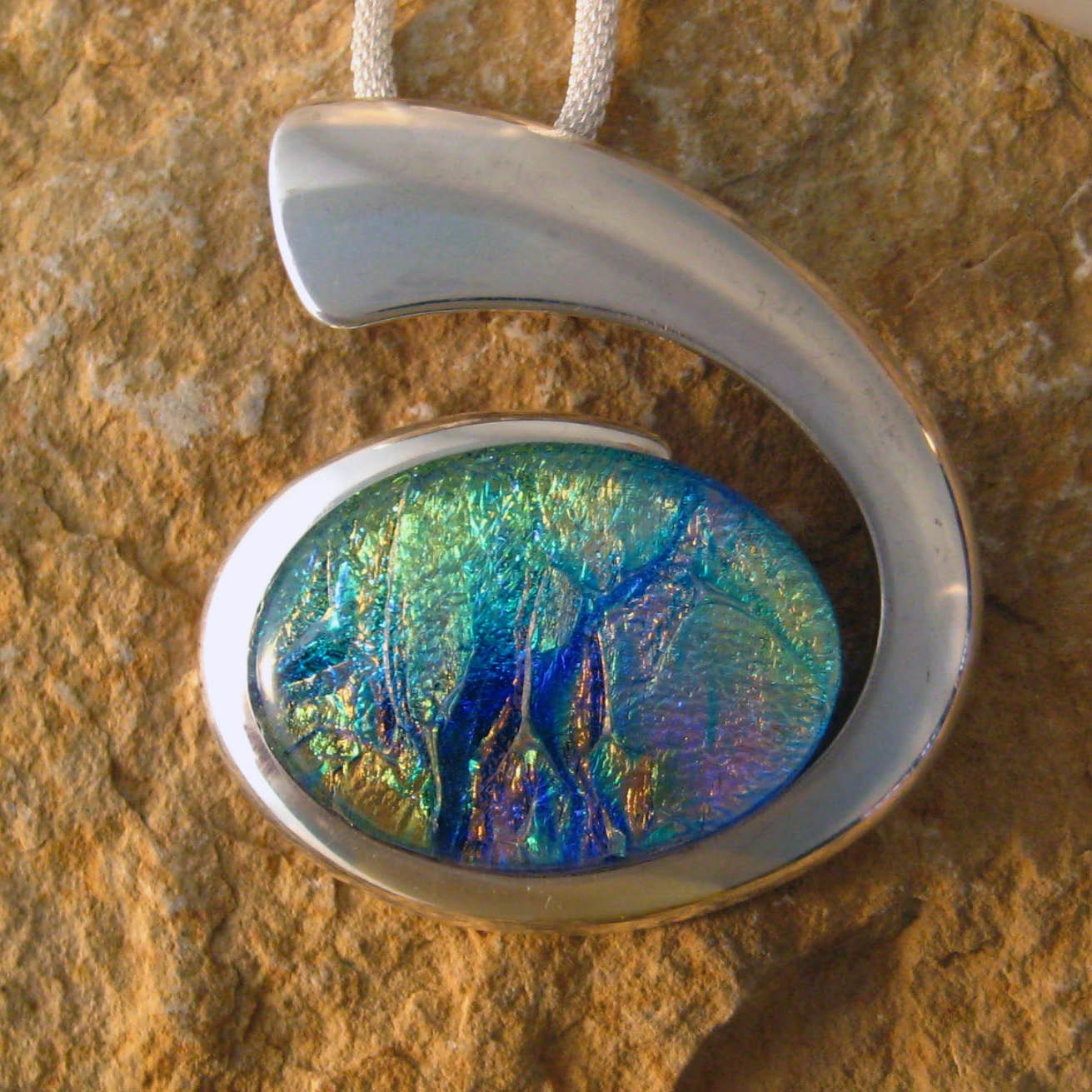 Dichroic Fused Glass in a Silver Setting, Oval Dichroic Pendant, Fused Glass Necklace - Rocky Mountain