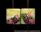 Pair of Rosey Posey and Grassy Greens Beads Flower Jasper & hand painted Polymer Clay