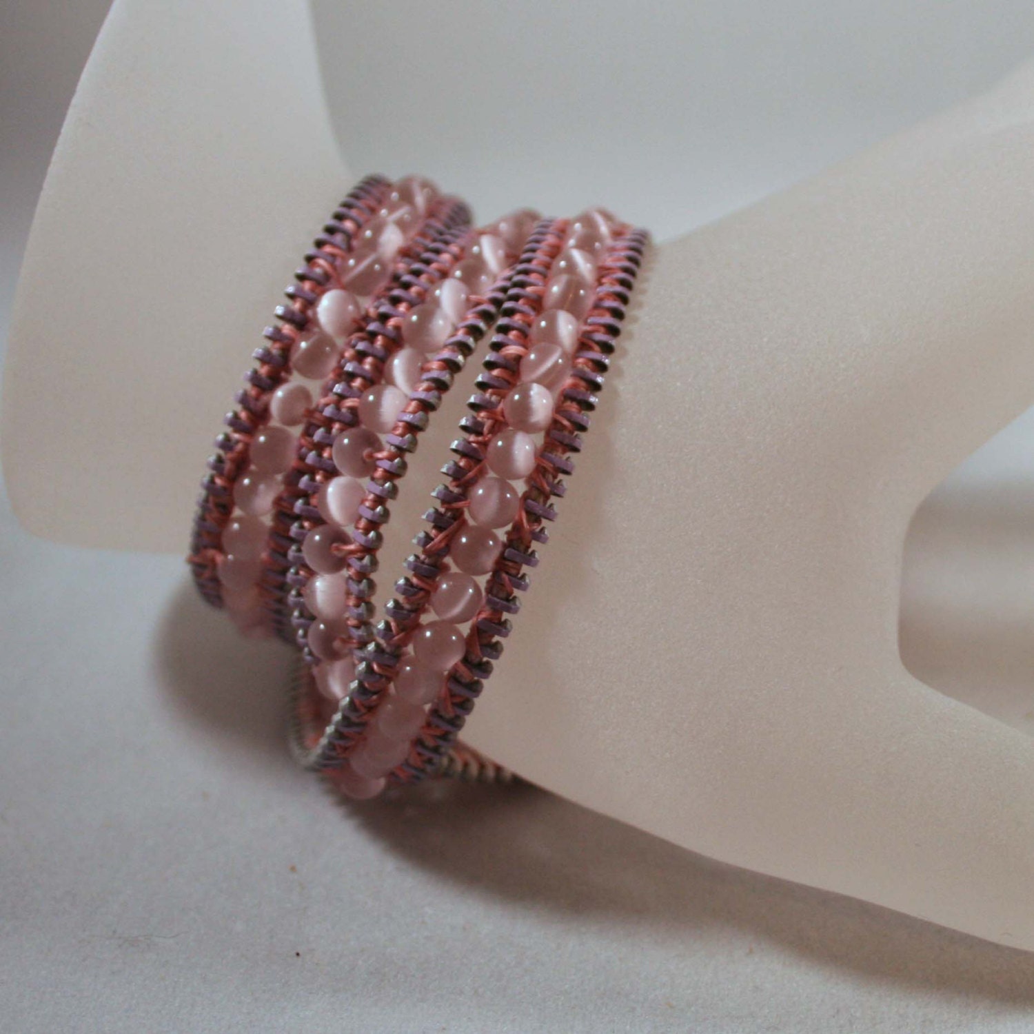 Pink Beaded Wrap Bracelet with Zipper Frame