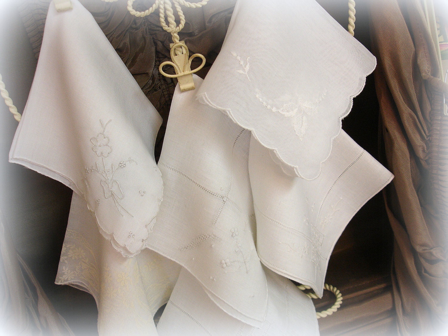 hanky panKy instant collection of 6 white on white vintage hankies . madeira . embroidery . printed