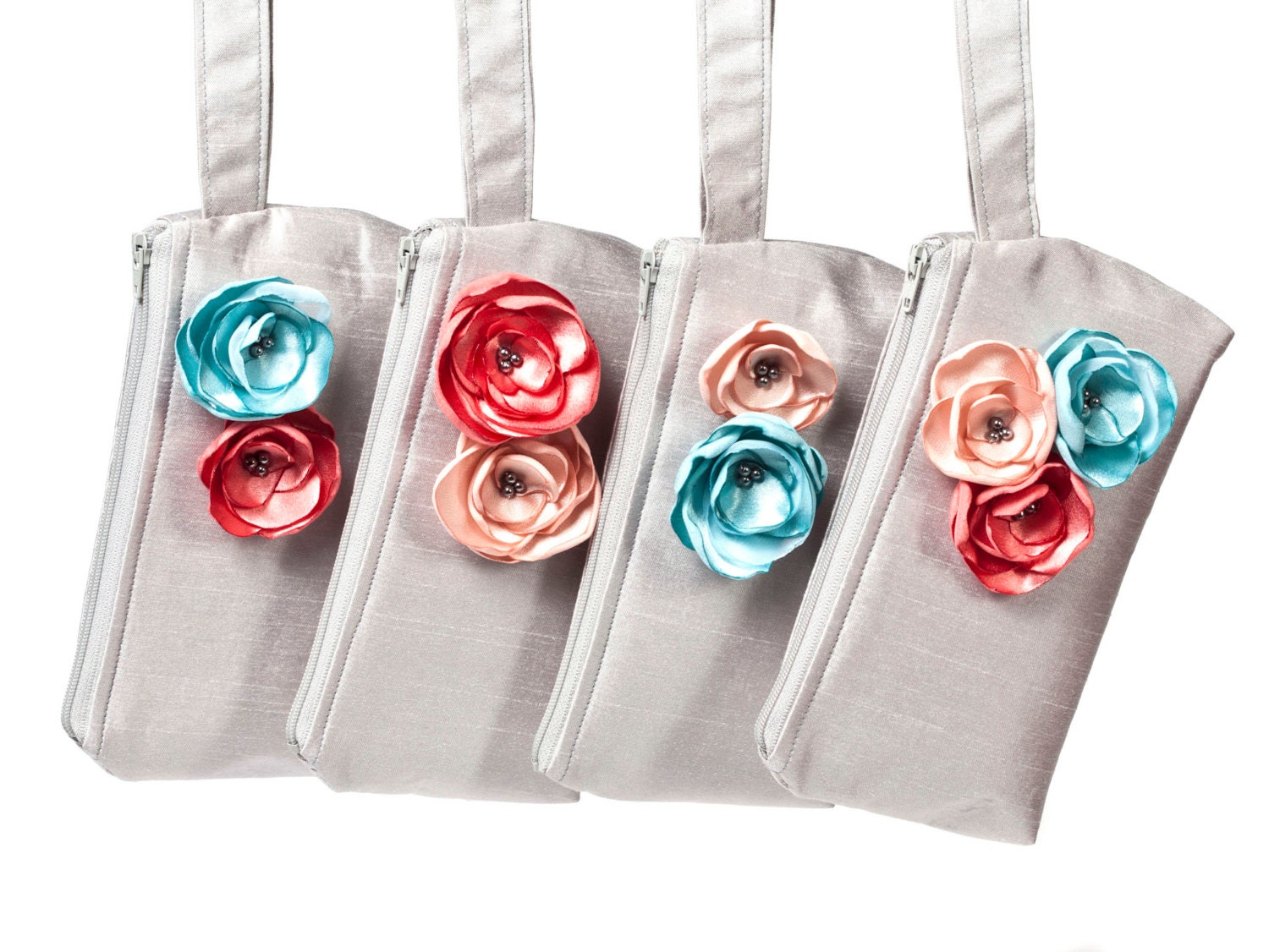 Coral and Blue Bridesmaid Clutch - Custom Set of 4 Bridal Party Clutches with wrist straps