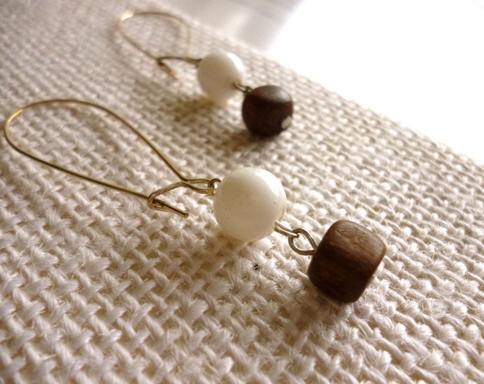 beaded wood earrings on silver ear wires - minimal dangle earrings - mito earrings