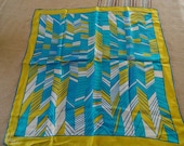 Vintage 70s Vera Neumann Tquoise Gold Chevron Silk Scarf