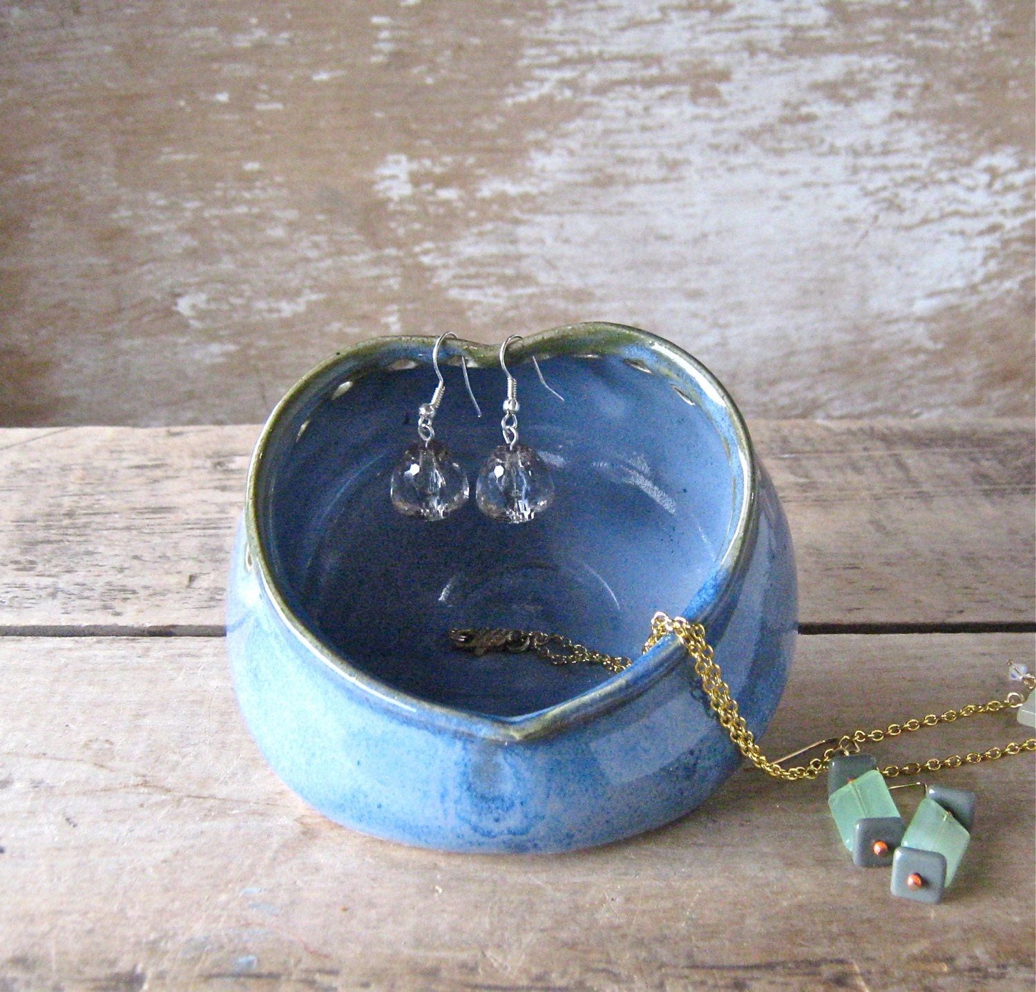 Heart Jewelry Bowl, Dusk Blue, Earring Holder, Handmade Stoneware Pottery, Ear ring Tree, Ready to Ship