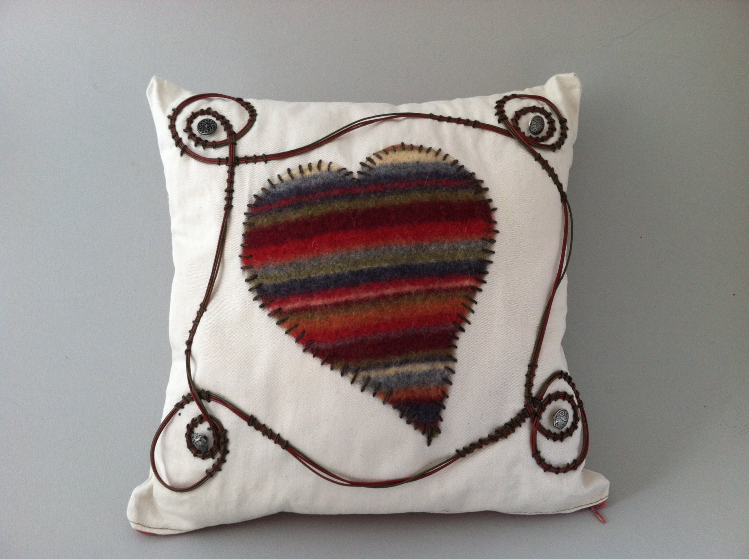 Cotton Canvas Pillow with Hand stitched Wool Felted Heart embellished w Leather & Metal Buttons