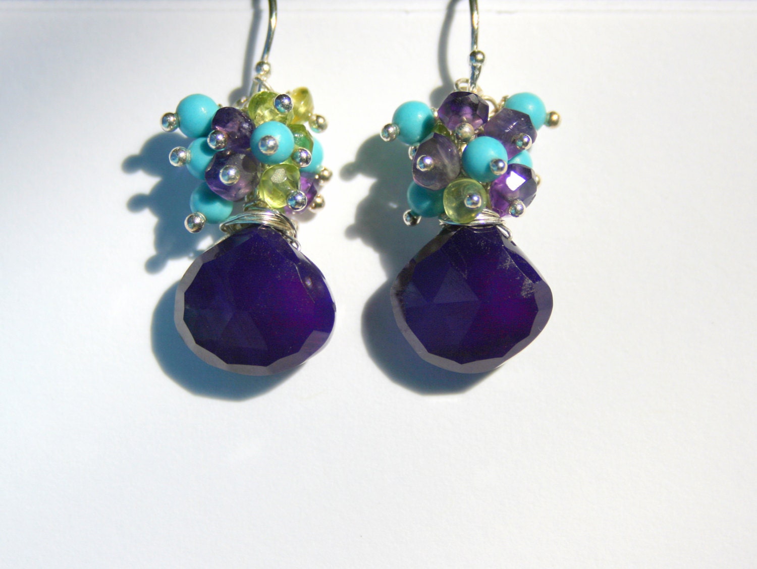 Purple Teardrop Earrings, Gemstone Cluster Drops, Grape Chalcedony, Peridot, Sterling Silver Earrings
