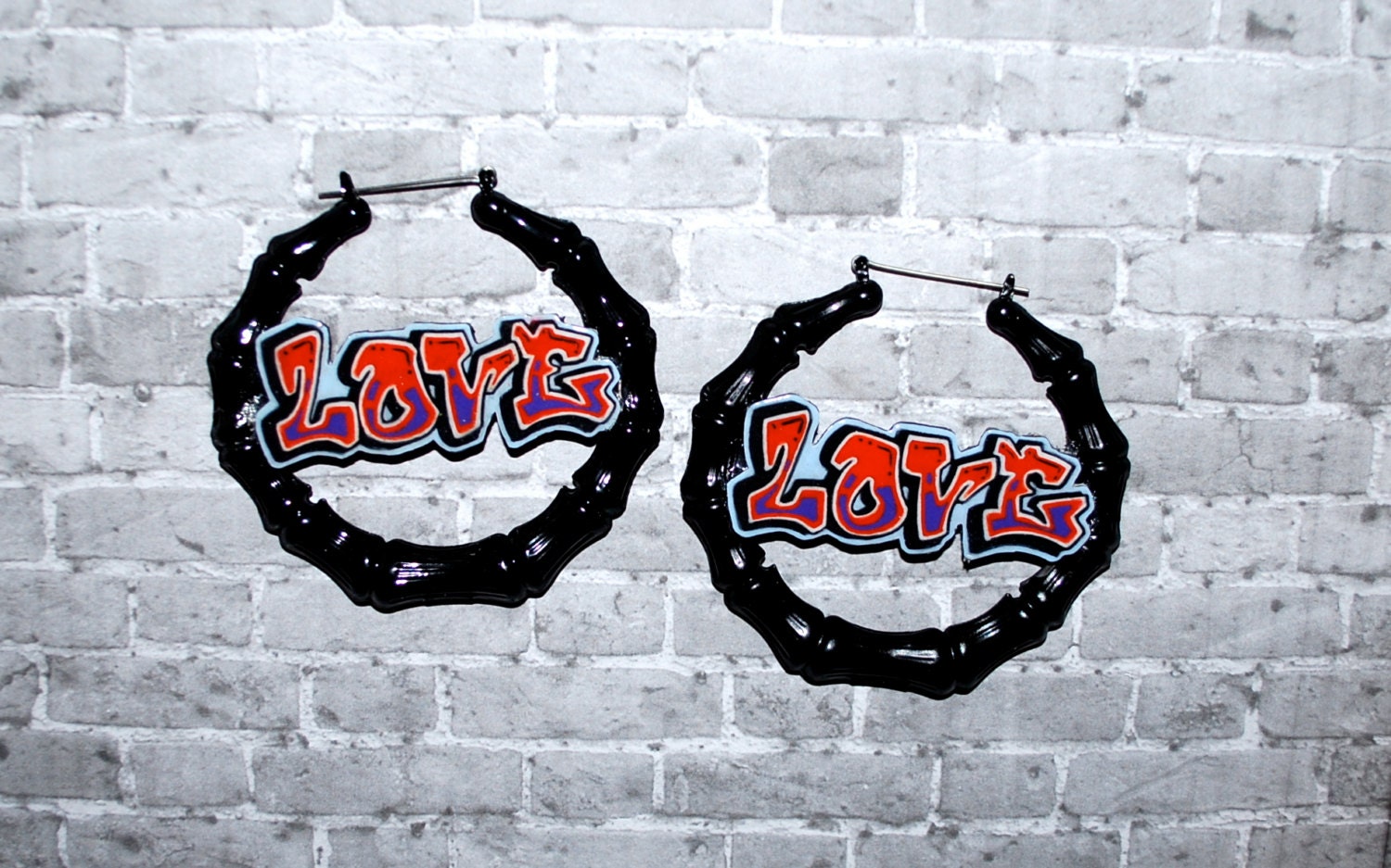 Graffiti LOVE Black Bamboo Door Knocker Earrings Old School by beebles