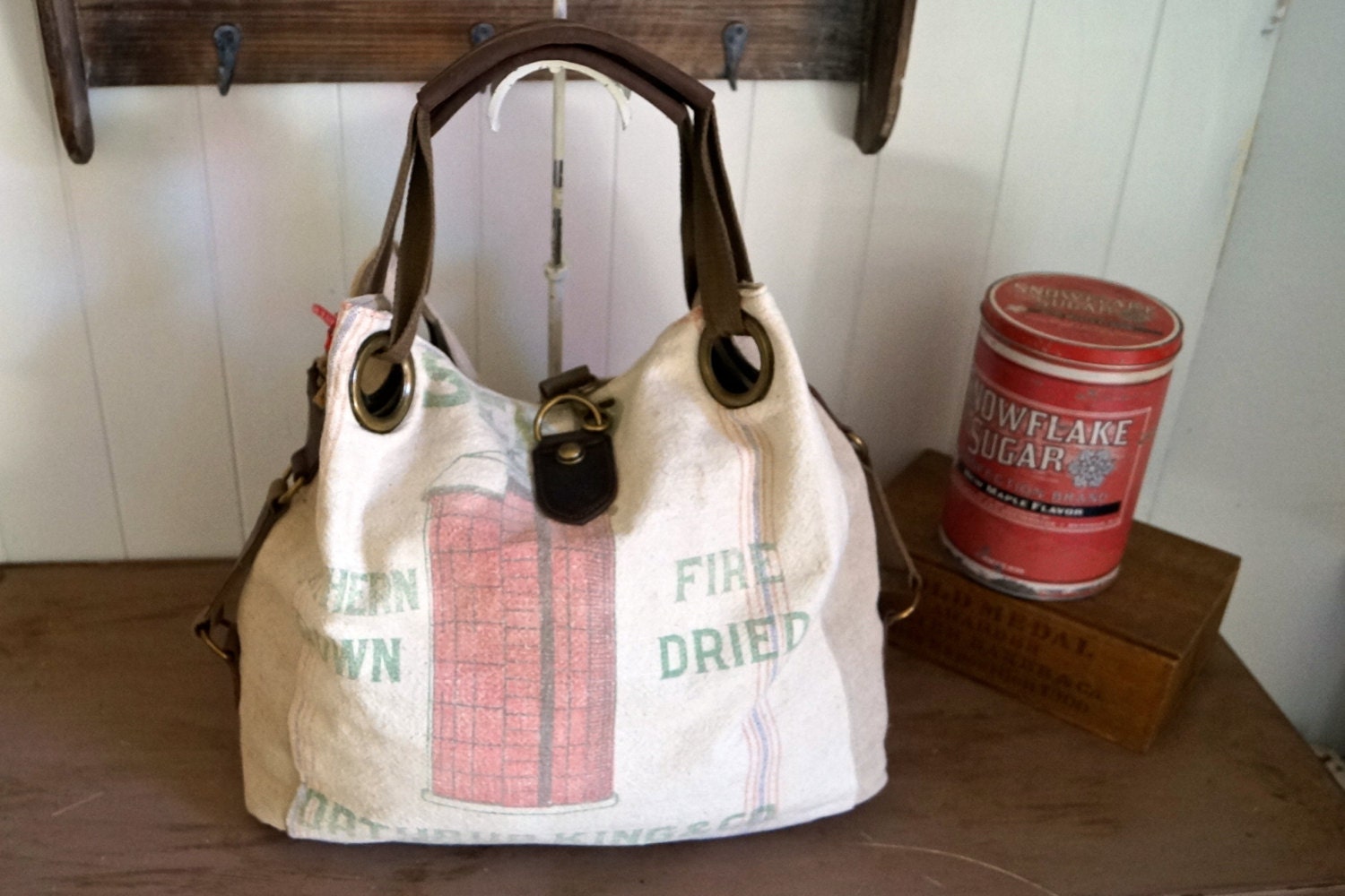 Northkrup Kings- Hamilton, Iowa - Vintage Seed Sack Large Cargo Bag - Americana OOAK Canvas & Leather Tote... Selina Vaughan