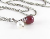 Ruby Necklace Sterling Silver Wire Wrapped Teardrop Briolette White Pearl Necklace June July Birthstone Jewelry