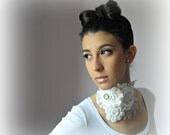 Crocheted Choker Necklace Cowl Collar Adjustable - Pure White Cotton and Organza Couture Wedding, Bride - Handmade - Luxury