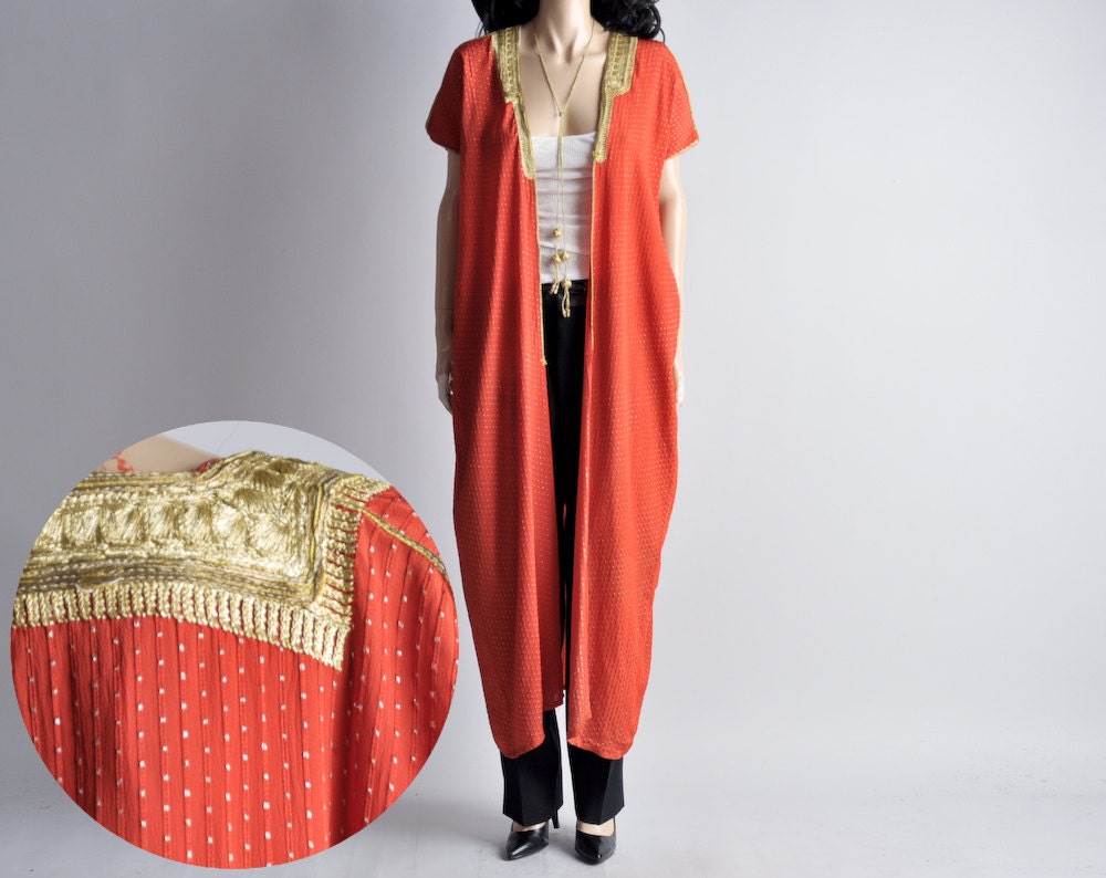 red gold embroidered egyptian duster jacket / s / m