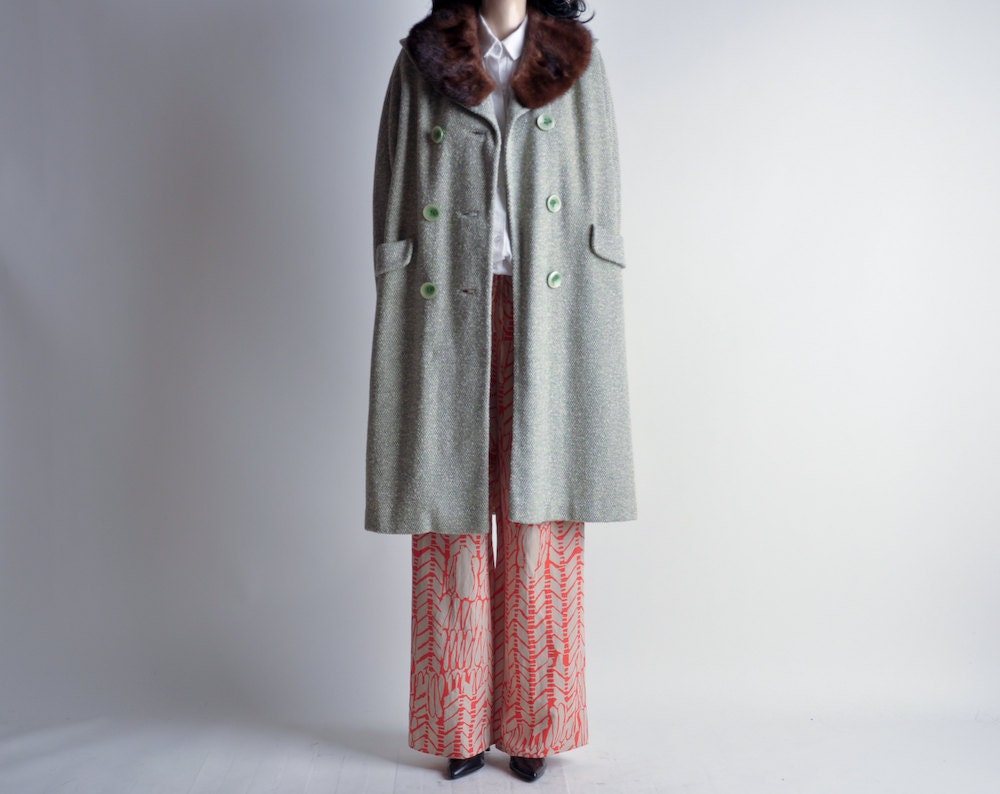 60s green tweed mink fur collar coat / m