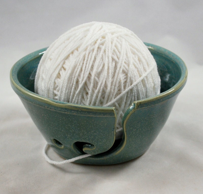 Aqua Greene Crochet or Knitting Bowl Stoneware Clay Pottery Gift for Her Free Shipping