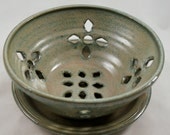 Aqua Green Berry Bowl or Colander with Saucer Stoneware Pottery Free Shipping