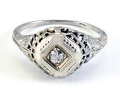 18K Antique Art Deco 1920s Diamond Filigree Engagement Ring