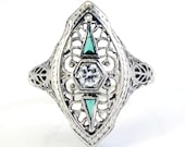 18K Antique Art Deco Diamond Emerald Filigree Navette Ring