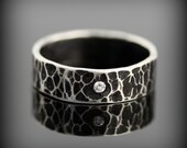 Diamond ring - 5mm hammered recycled sterling silver band with flush set diamond