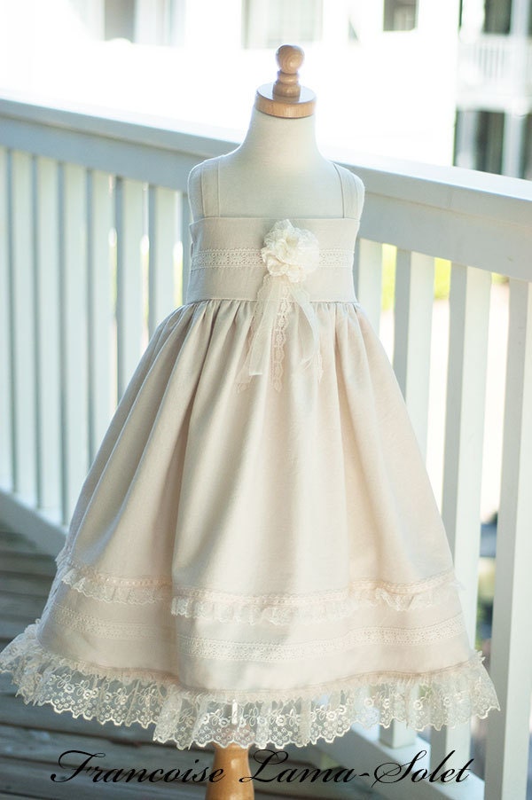 Flower Girl Organic Church birthday Easter vintage  ivory linen lace twirl Dress Size 12 months  to 12 yrs - Ivory Rose