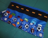 Car Travel Caddy Roll Up for 6 Matchbox or Hotwheels size cars - Blue SPORTS fabric