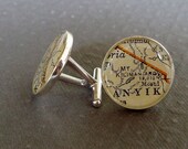 Sterling Silver Heirloom Map Cufflinks  Cast One Piece  Tanzania Vintage Atlas Mt. Kilimanjaro and Lake Victoria