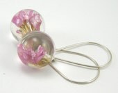 Pink Feminine Earrings, Resin Earrings with Pink Flowers and Sterling Silver, Bridesmaid Earrings