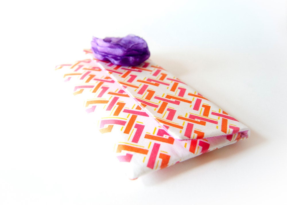 Bridal Wedding Clutch, fold over clutch, choose color flower brooch, spring trends, gift for bridesmaid, pink orange geometric by Lolos