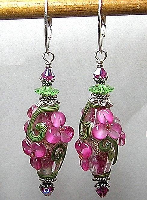 PiNK FLoRaL and DiCHRo Handmade SRA Lampwork Glass Earrings by Glitterbug Originals SRAJD
