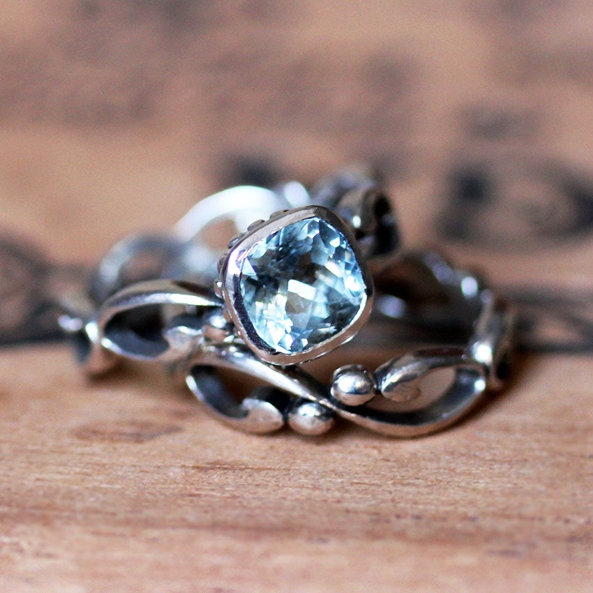 Aquamarine wedding set- cushion bezel solitaire - March birthstone - filigree ring - swirl band - infinity band - made to order - Wrought