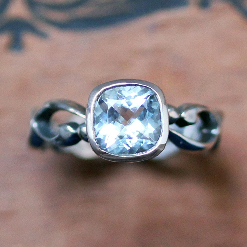 Aquamarine engagement ring- cushion bezel solitaire - March birthstone - filigree ring - infinity - made to order - Wrought