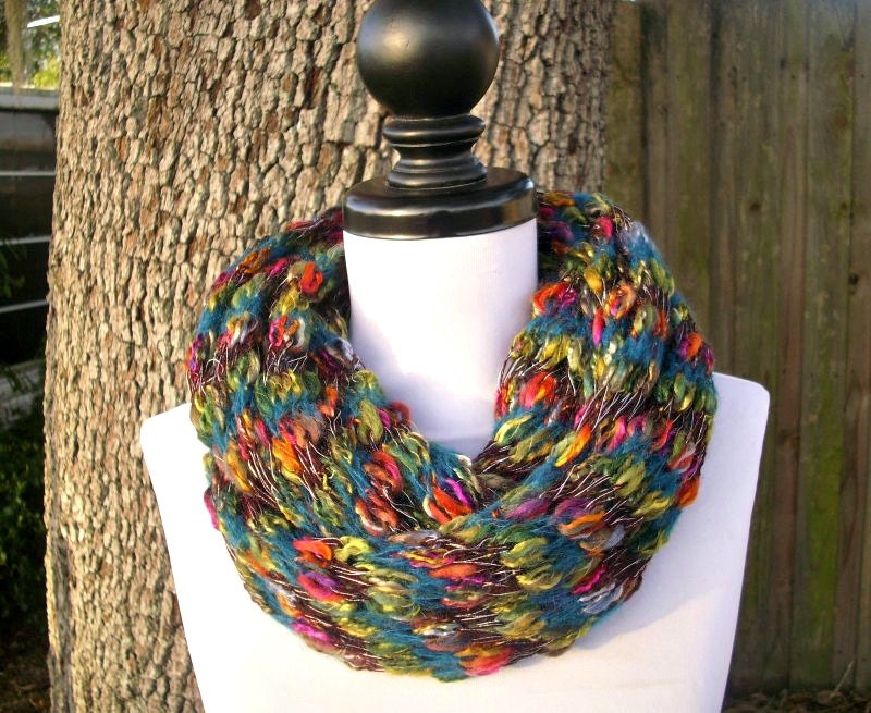 Knit Cowl - Infinity Scarf Cowl in Kaleidoscope Multicolor Rainbow - READY TO SHIP