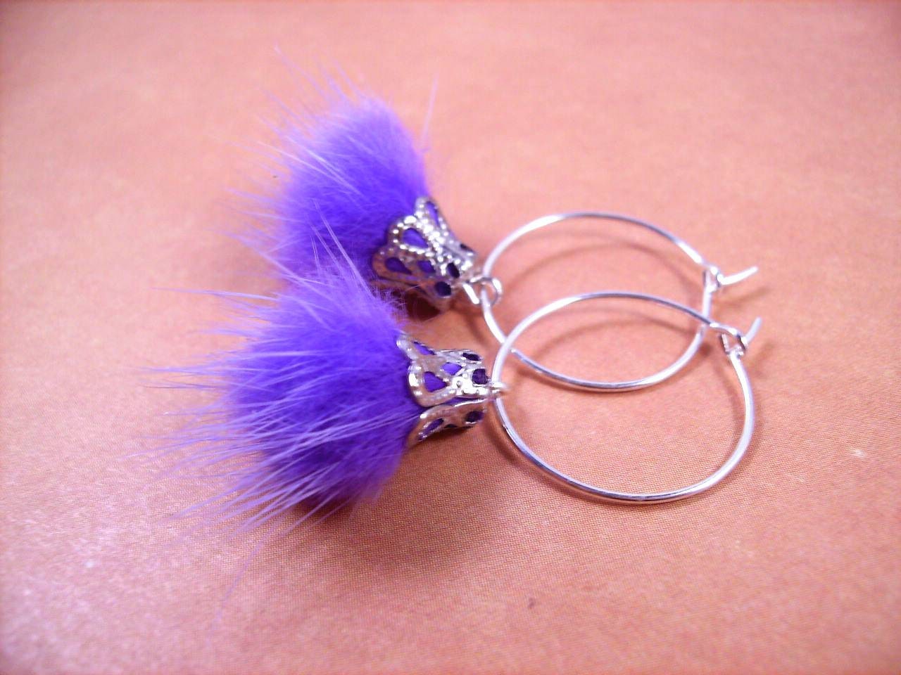 Pretty Purple Fur Earrings, Real Mink Fur and Silver Hoop Earrings, Free Shipping U.S.