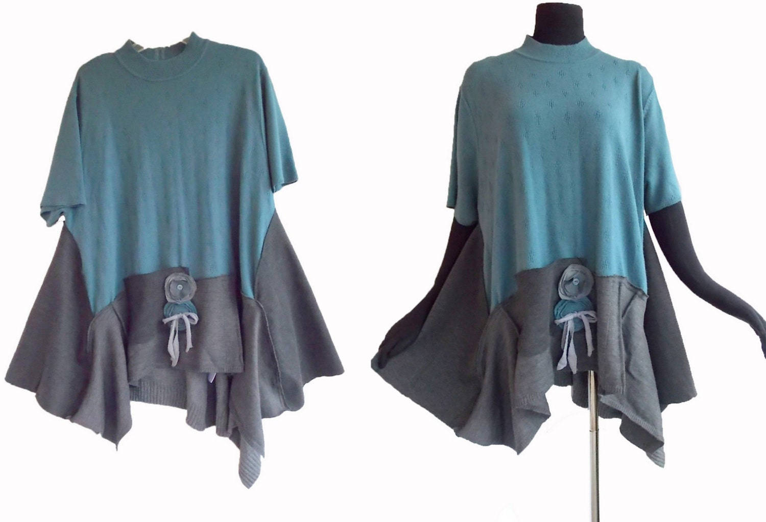 2X 3X XXL Lagenlook Sweater Eco Friendly Plus Recycled Fashion Flower Steel Blue Charcoal Gray