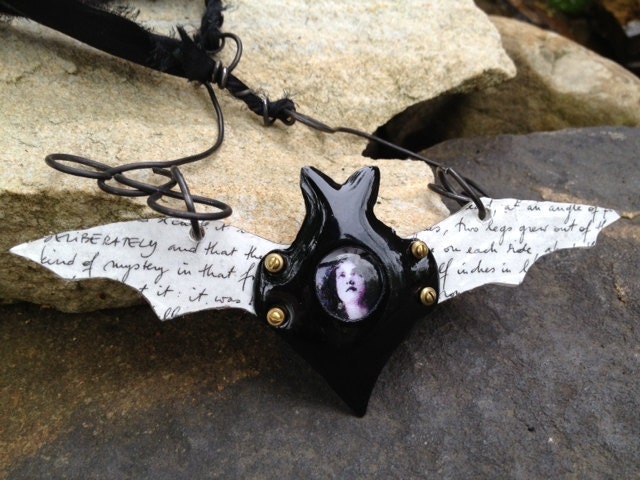 GOING BATTY Enameled Necklace Bat Enamel Glass Black