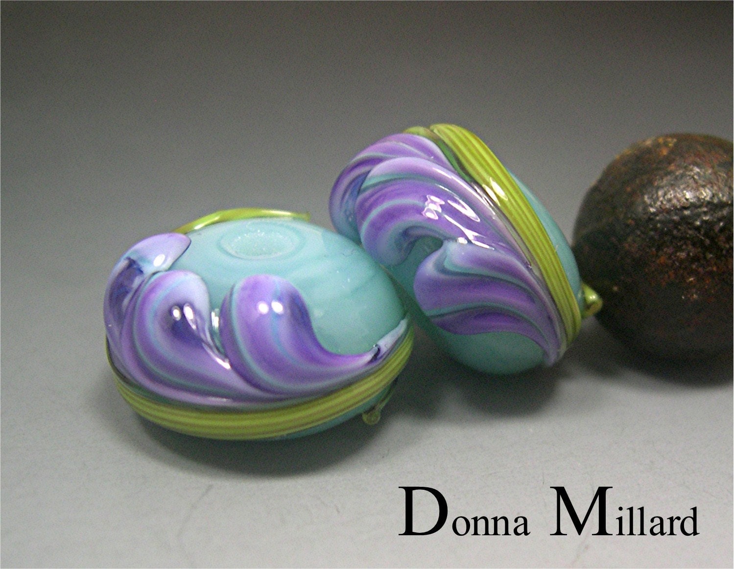 HANDMADE LAMPWORK BEADS Earrings Pair Donna Millard sra Spring Fresia purple orchid aqua green lily flower earring