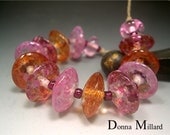 HANDMADE LAMPWORK Glass Beads SET Donna Millard sra disc beads orange rose pink lamp work spring garden