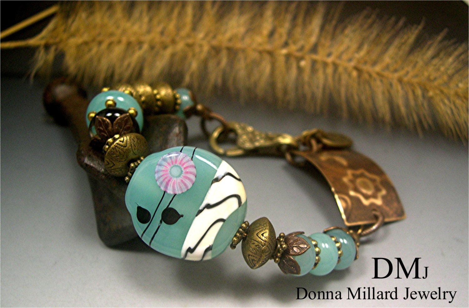 Handmade SRA LAMPWORK BRACELET Glass Beads Donna Millard rustic organic assemblage botanical lamp work gypsy organic boho