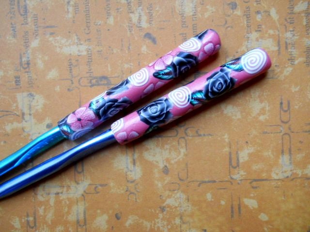 Crochet Hook Set of Two, Polymer Clay, Pink and Black Floral