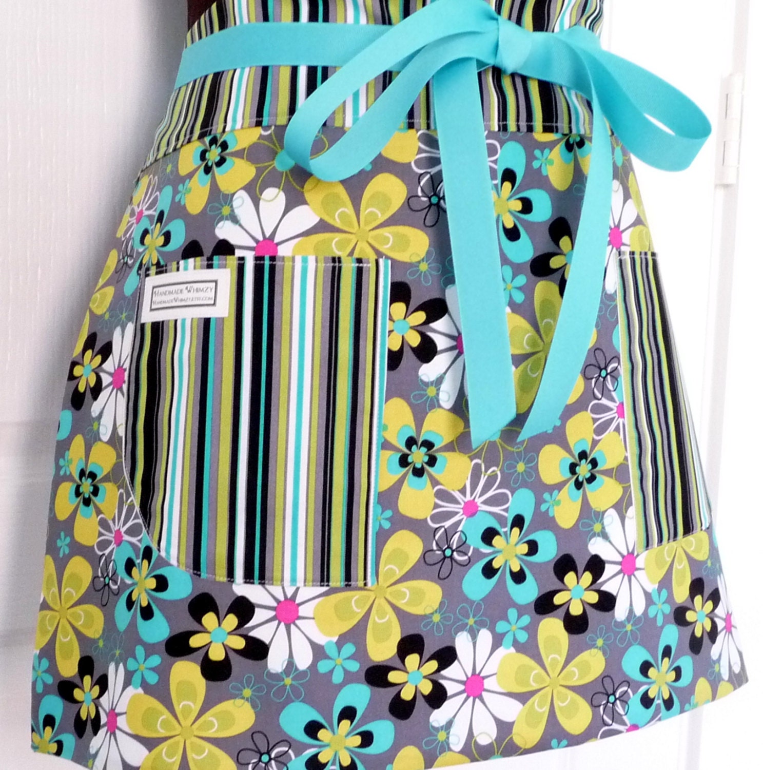 Modern Floral Womens Full Apron Adult Chef Hostess - Turquoise Gray Black Floral and Stripes Michael Miller Fabric