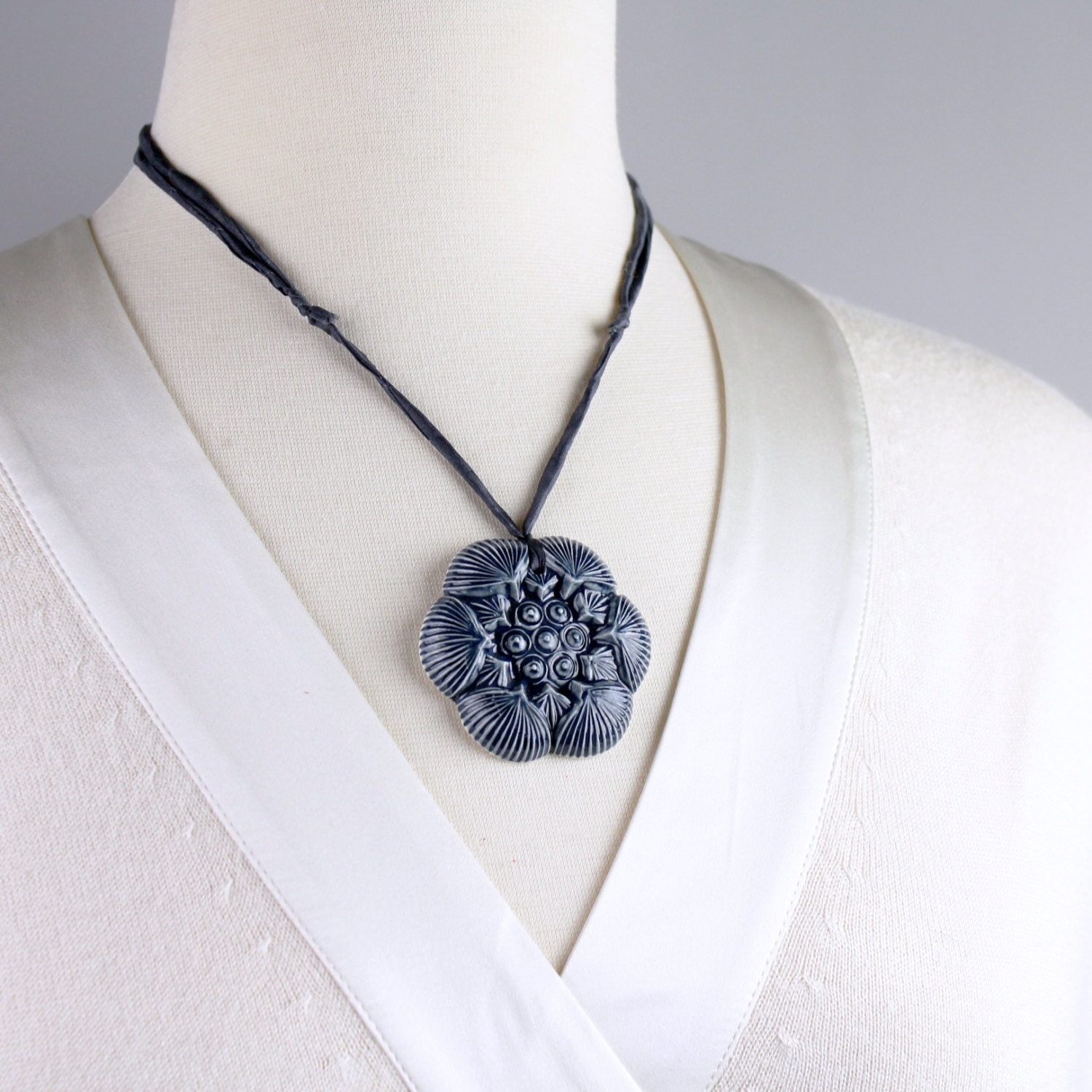 Porcelain Ceramic Lotus Necklace Dark Blue on Silk
