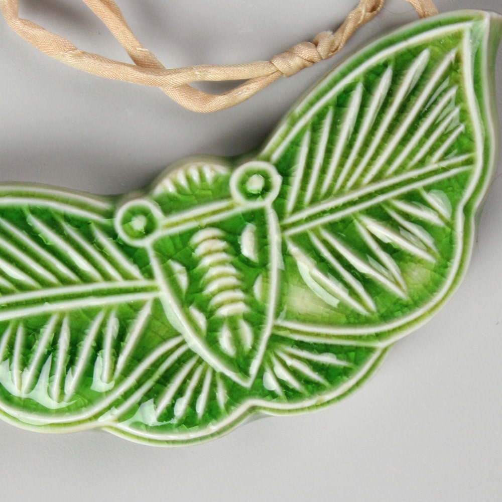 Porcelain Necklace Green Butterfly on Silk