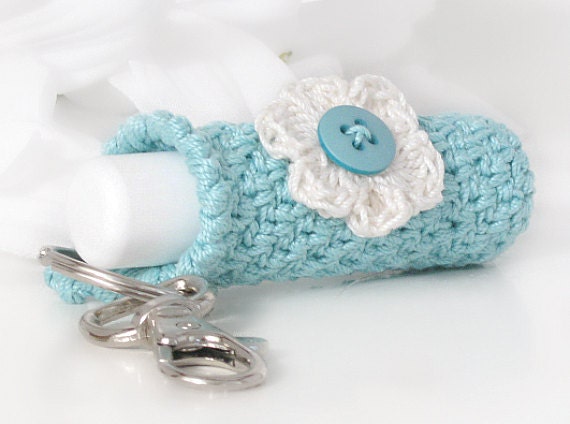 Lip Balm Holder,  Aqua Blue Crochet Key Chain, Key Fob with Off White Crochet Flower