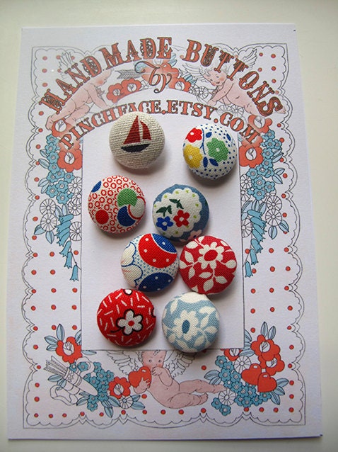 Handmade Fabric covered button mixed set of 8, sewing supplies