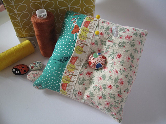 Floral patchwork Pin cushion with house & tree ribbon